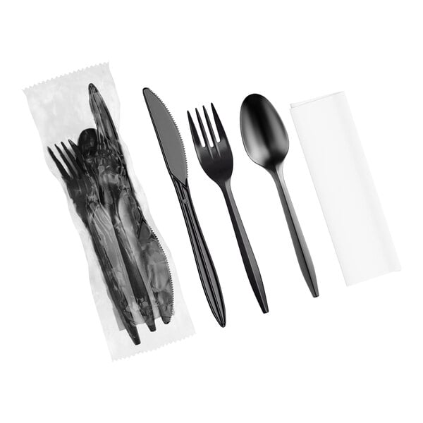 Choice Medium Weight Black Wrapped Polypropylene Plastic Cutlery Set with Napkin - 250/Case