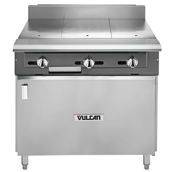 A Vulcan stainless steel commercial gas range with a hot top and cabinet base.