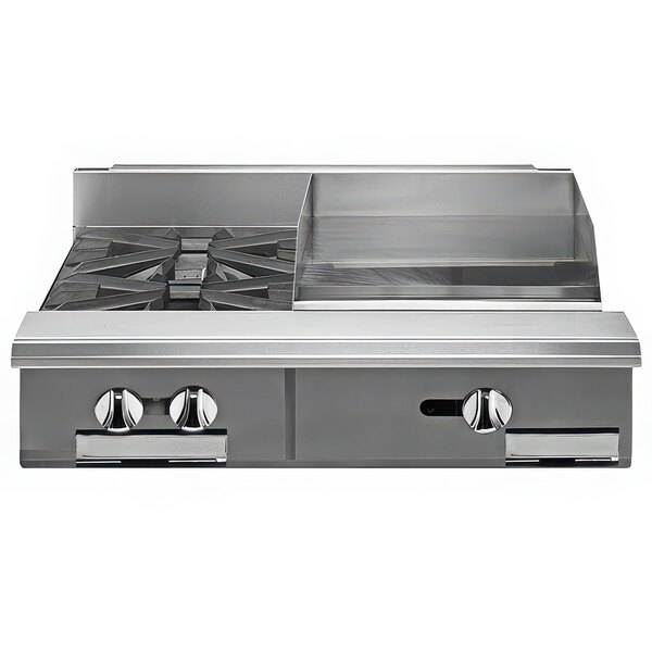 A stainless steel Vulcan V2BG18-LP V Series gas range with two burners.