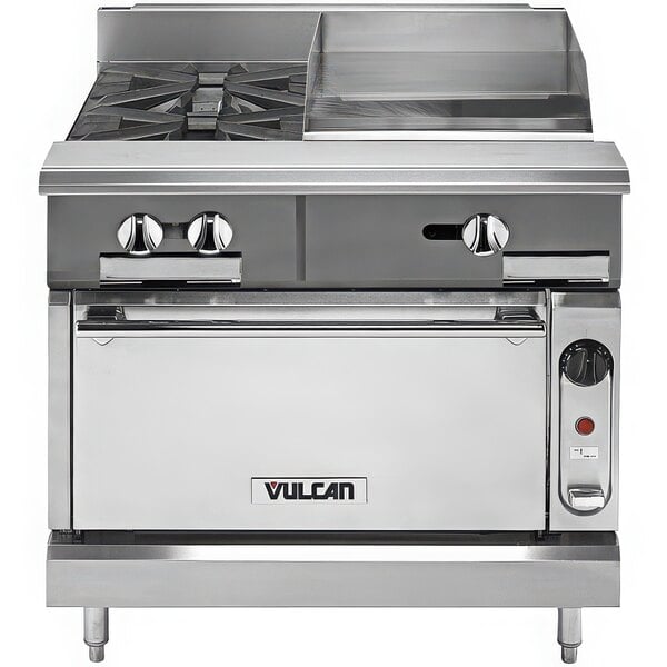 A stainless steel Vulcan V2BG8TC-LP commercial gas range with griddle.