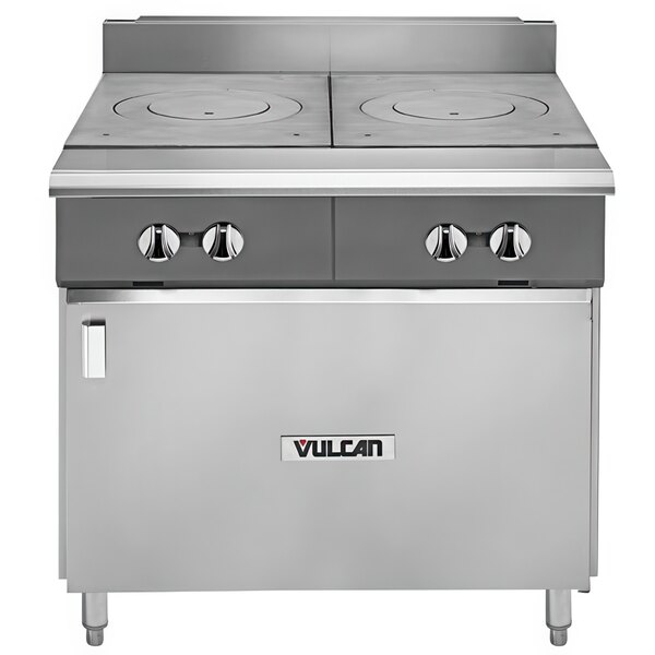 A Vulcan V2FT36B-LP heavy-duty range with French plates on a counter.