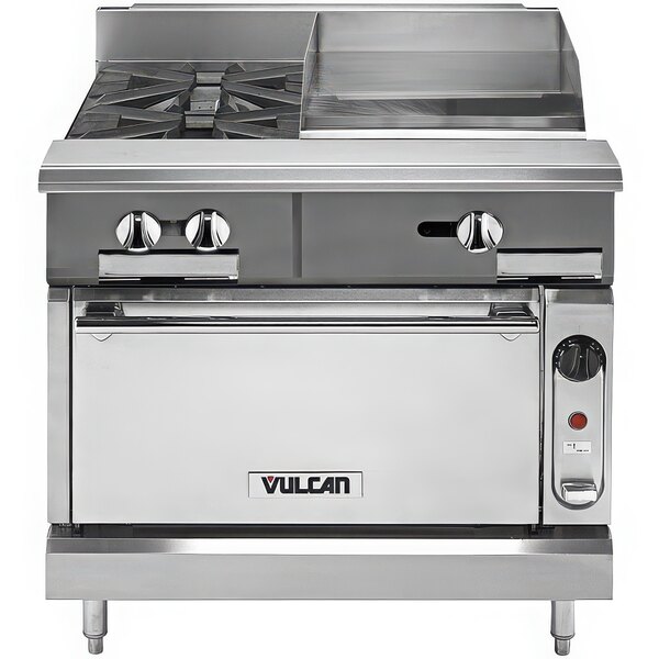 A Vulcan stainless steel natural gas range with 2 burners, right side griddle, and convection oven.