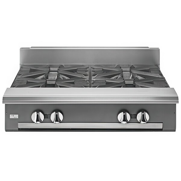 A Vulcan V Series stainless steel gas range with four burners.