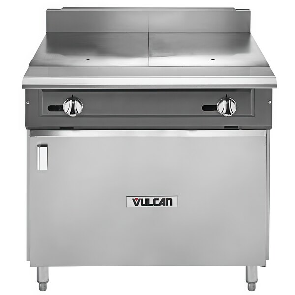 A Vulcan V Series liquid propane range with a hot top and cabinet base on a steel counter.