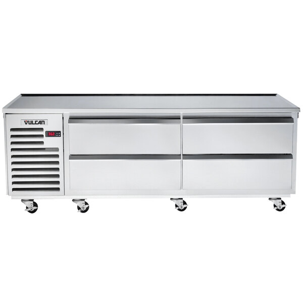 A Vulcan stainless steel commercial chef base with four drawers.