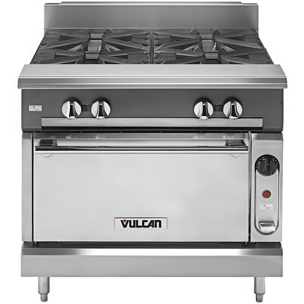 A large stainless steel Vulcan V4B36S-NAT gas range on a counter.