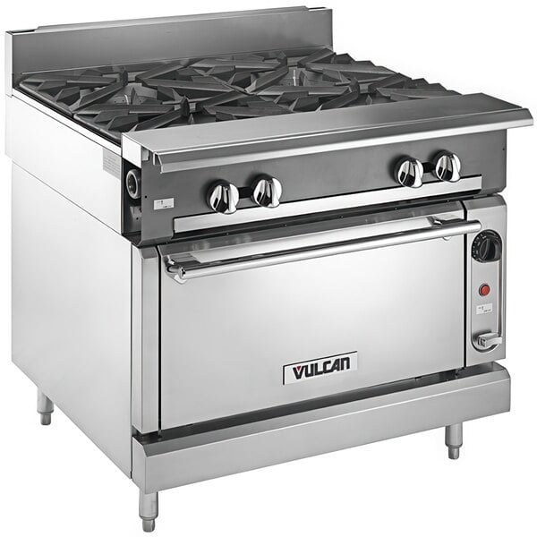 A Vulcan V series commercial gas range with a standard oven and 4 burners.