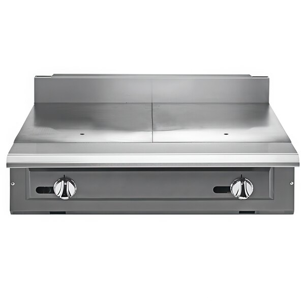 A Vulcan V236H-LP modular heavy-duty range with 2 hot tops on a metal counter.