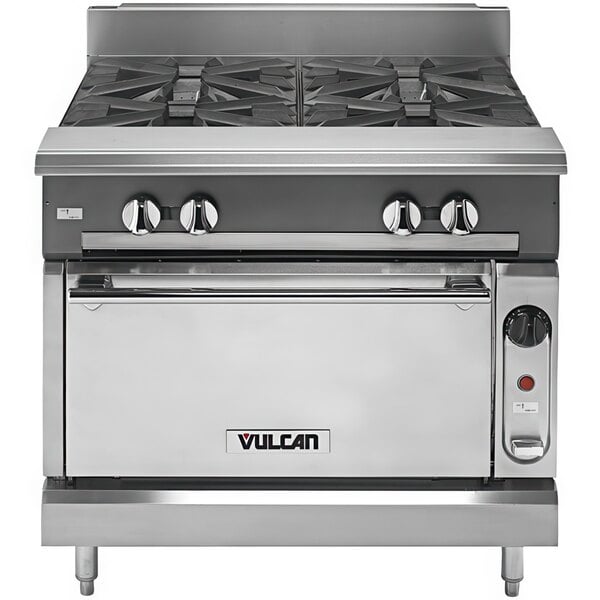 A Vulcan stainless steel 36" gas range with 4 burners.
