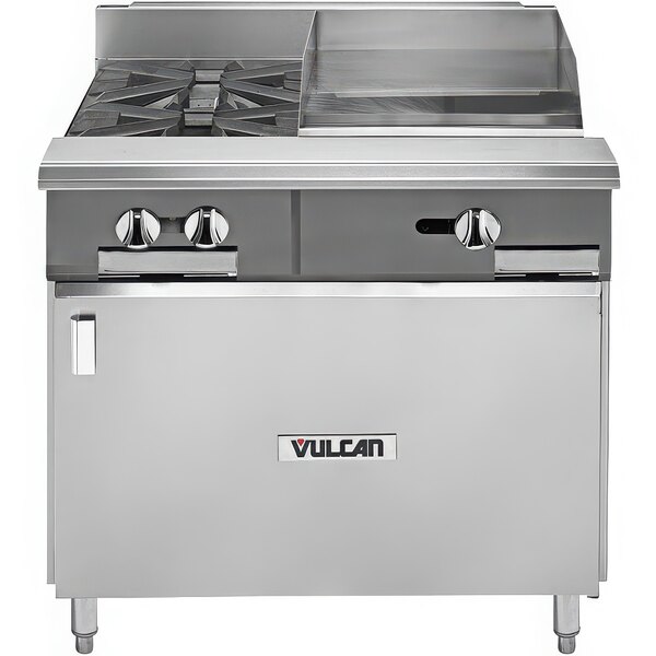 A large stainless steel Vulcan commercial gas range with a griddle on the right side.