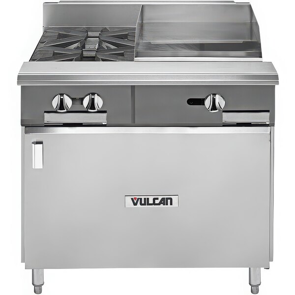 A Vulcan V Series natural gas range with griddle and cabinet base.