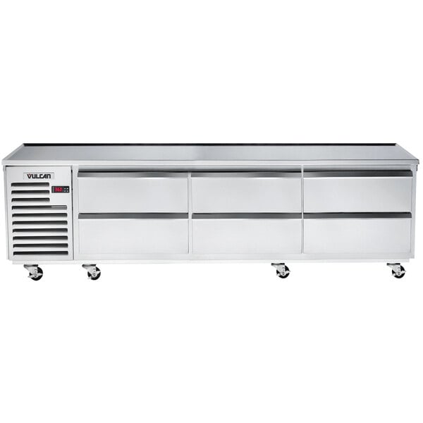 A stainless steel Vulcan refrigerated chef base with drawers.
