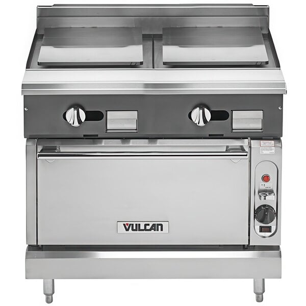 A large stainless steel Vulcan liquid propane range with a standard oven.