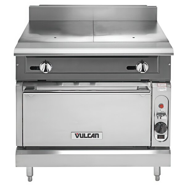 A large stainless steel Vulcan V Series range with a hot top and oven.