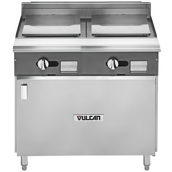 A large stainless steel Vulcan liquid propane range with two plancha tops and a cabinet base.