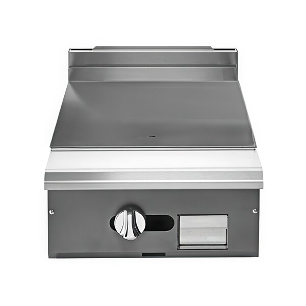 A Vulcan stainless steel heavy-duty range with a black hot top.