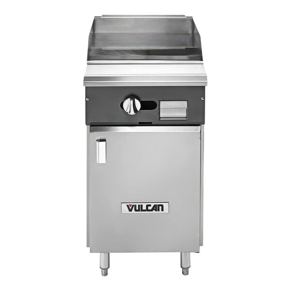A Vulcan V Series natural gas range with griddle top and cabinet base.