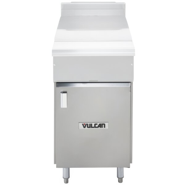 A stainless steel Vulcan cabinet base with a door.