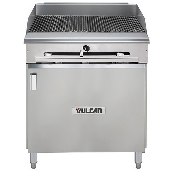 A Vulcan stainless steel liquid propane gas charbroiler with a cabinet base.