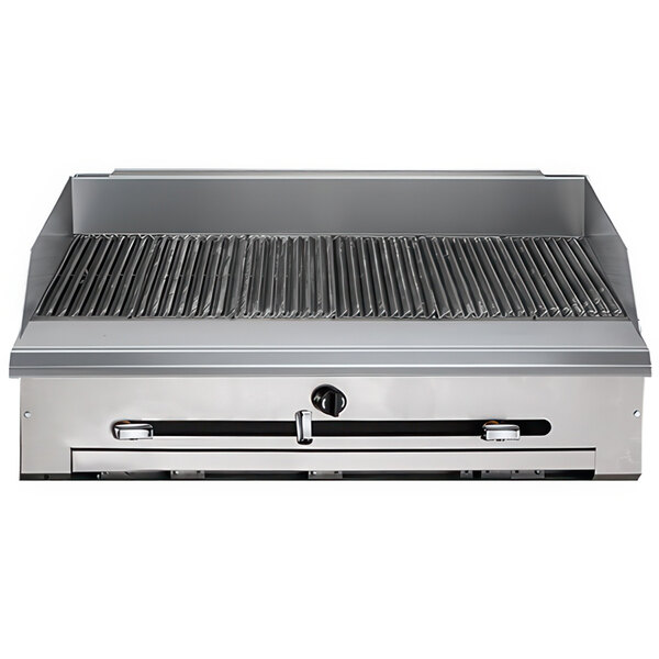 A Vulcan V Series liquid propane charbroiler with a grill top on a metal surface.