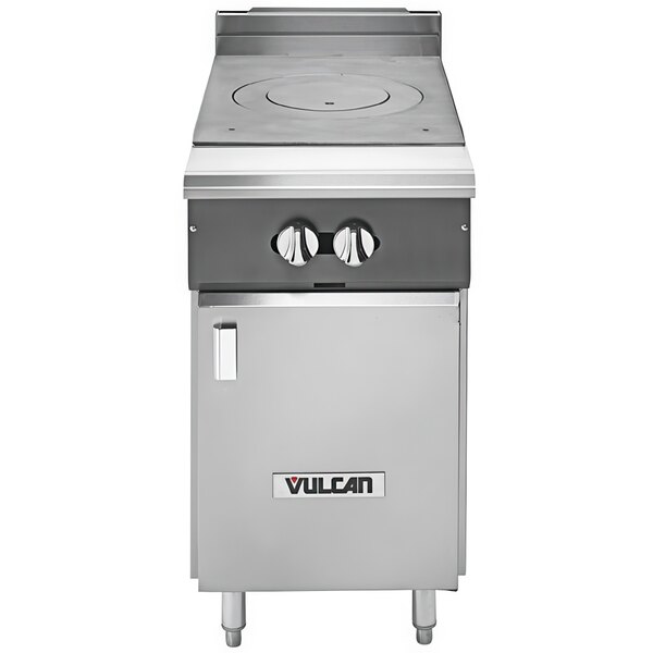 A Vulcan V Series natural gas range with French top and cabinet base.