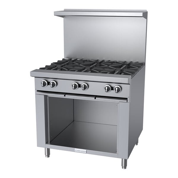 A commercial stainless steel 6-burner gas range with a storage base and backsplash.