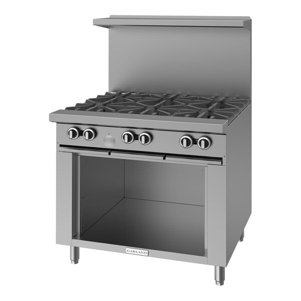 A commercial stainless steel 6-burner gas range with a storage base and backsplash.