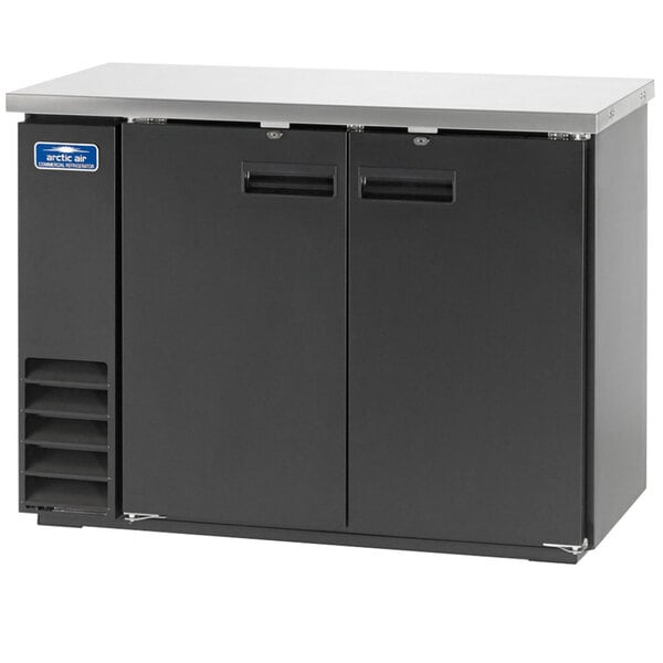 A black Arctic Air back bar refrigerator with two doors.