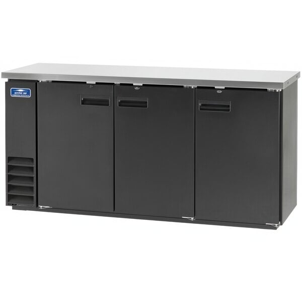 A black rectangular Arctic Air back bar refrigerator with three doors.