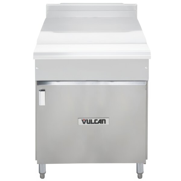 A Vulcan stainless steel cabinet base.
