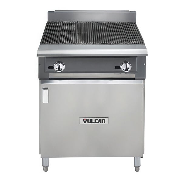 A Vulcan VCBB24B-LP charbroiler with a cabinet base.