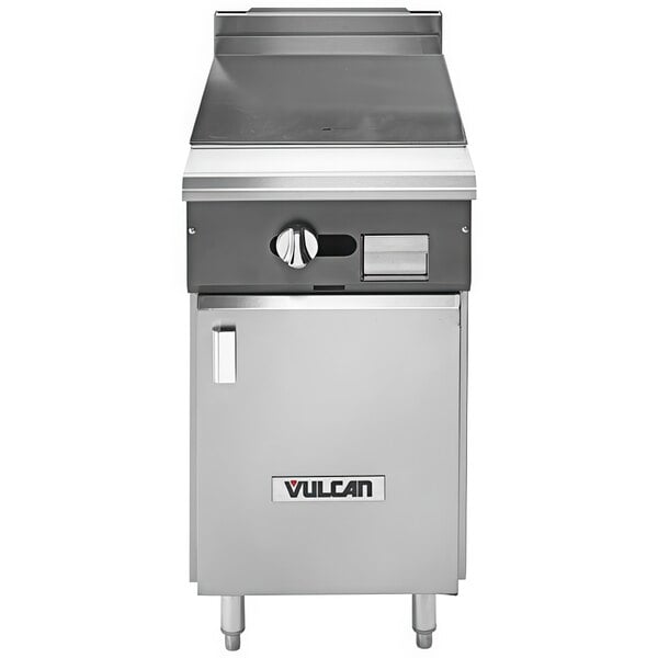 A Vulcan V series commercial gas range with a hot top and cabinet base.