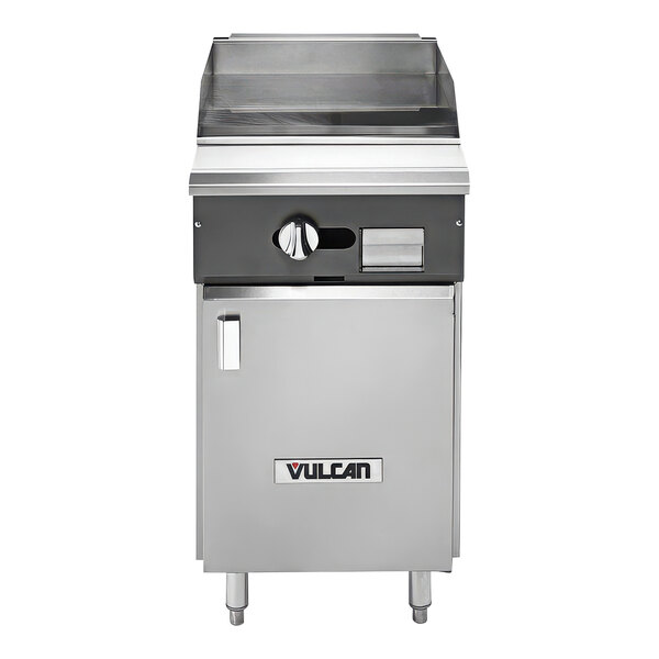 A Vulcan V series natural gas range with griddle top and cabinet base.
