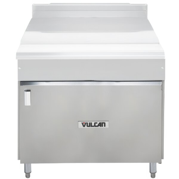 A silver rectangular Vulcan cabinet base.