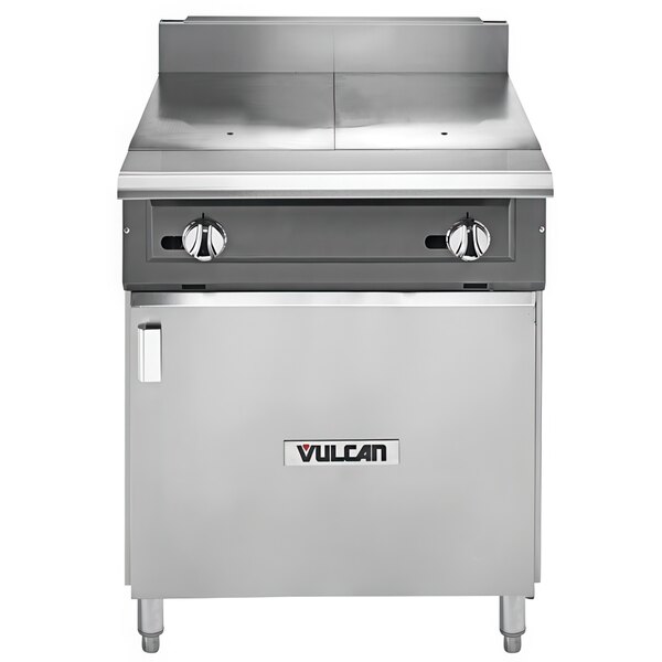 A stainless steel Vulcan V Series range with a hot top and cabinet base.