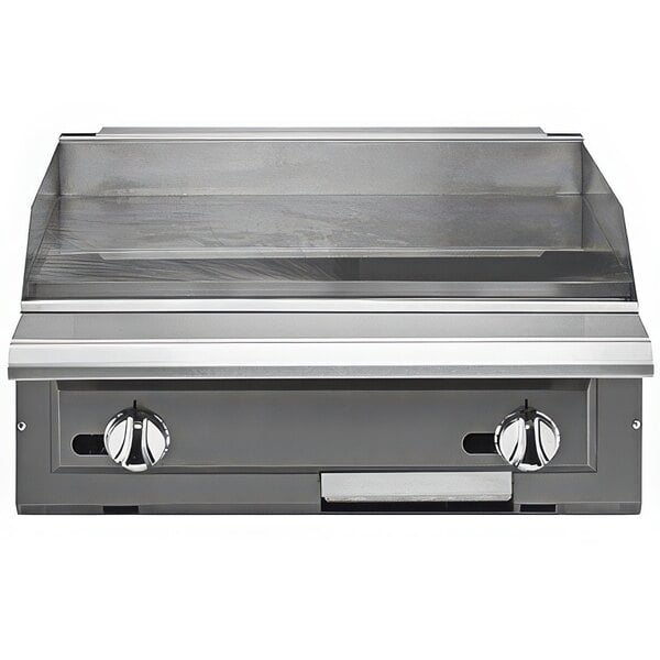 A Vulcan V series stainless steel range with griddle top over two burners.