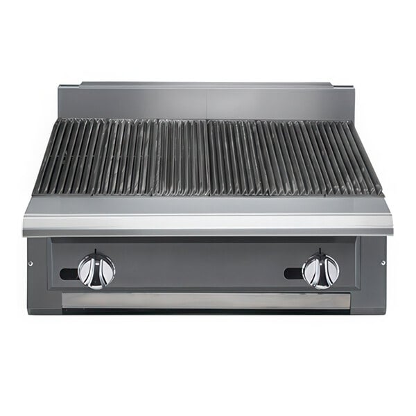 A Vulcan V Series natural gas charbroiler with a grill top over two burners.