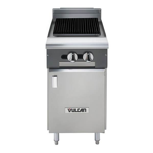 A Vulcan liquid propane charbroiler with a black grill and cabinet.