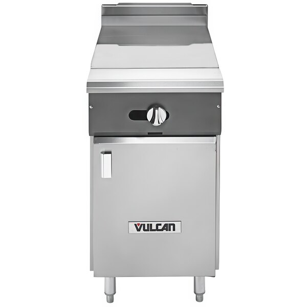 A Vulcan V-Series liquid propane gas range with a hot top and cabinet base.