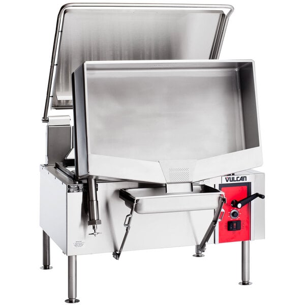 A Vulcan 40 gallon stainless steel tilt braising pan with the lid open.