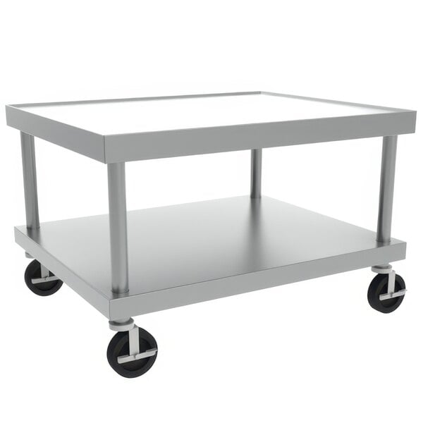 A Vulcan stainless steel equipment stand with wheels.