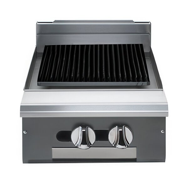 A Vulcan stainless steel gas charbroiler with a black grill over two burners.