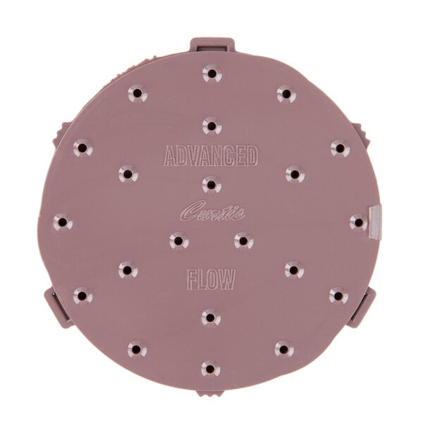 A purple circular metal advance flow sprayhead with 21 holes.