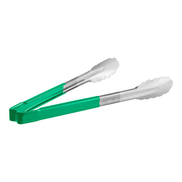 Two silver tongs with green coated handles.