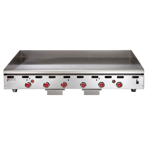 A Wolf stainless steel countertop griddle with red knobs.