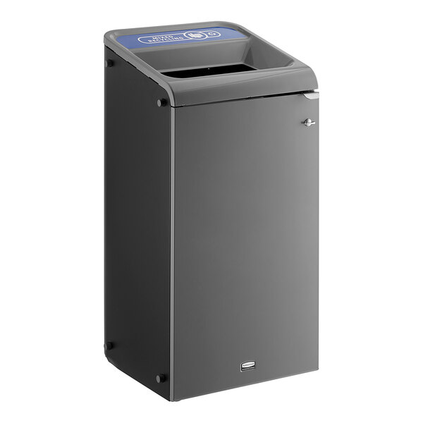 A grey rectangular Rubbermaid Stenni recycling container with a blue lid.