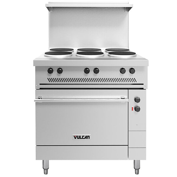 A white Vulcan commercial electric range with 6 black French plates.