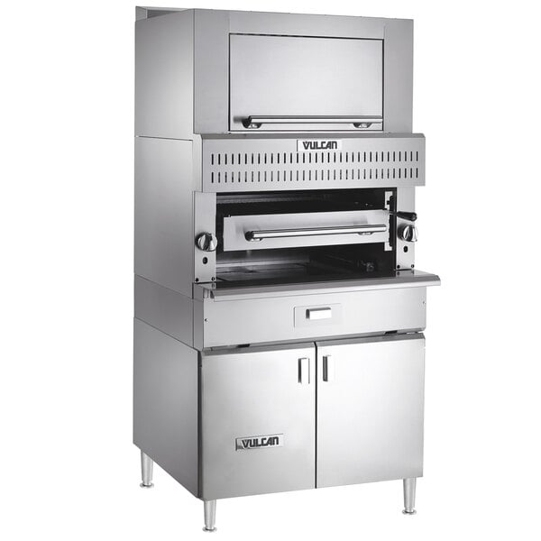 A large stainless steel Vulcan upright broiler with a door.