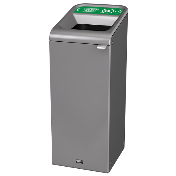 A grey rectangular Rubbermaid Stenni recycling container with a green lid and handle.