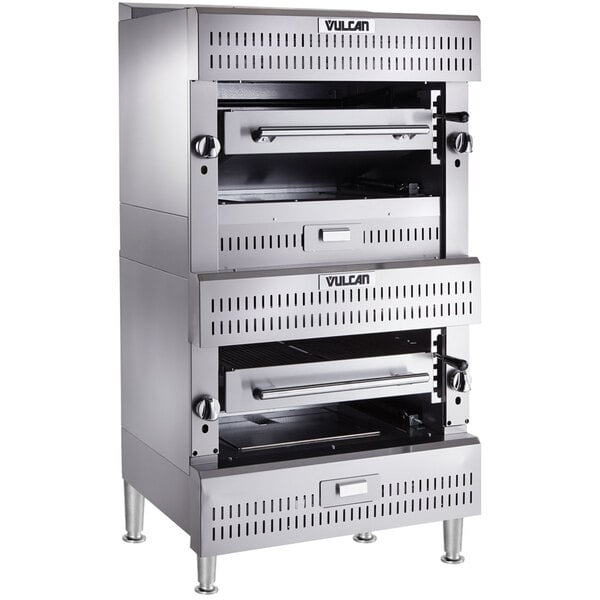 A large stainless steel Vulcan natural gas double upright broiler.